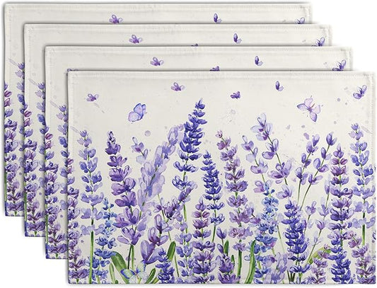 Lavender Placemats Set of 4 Purple Flower Butterfly Linen Fabric Table Mats by Wnoesat