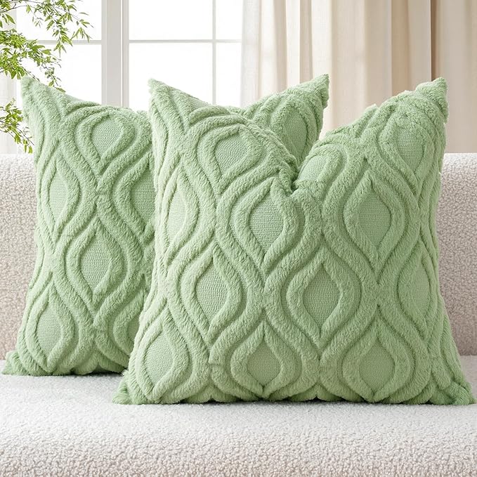 MIULEE Sage Green Throw Pillow Covers 16x16 Inch, Soft Spring Plush Faux Wool by MIULEE