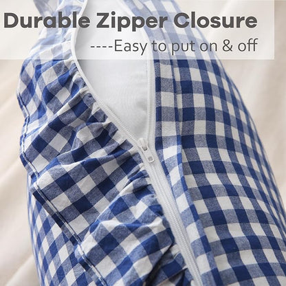 2 Pack Navy Blue White Plaid Ruffle Gingham Throw Pillow Covers, 100% Washed - Image 4