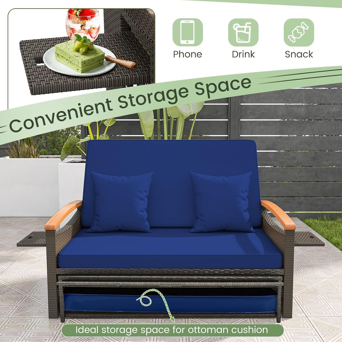 costway patio rattan daybed, outdoor loveseat sofa with showing dimensions