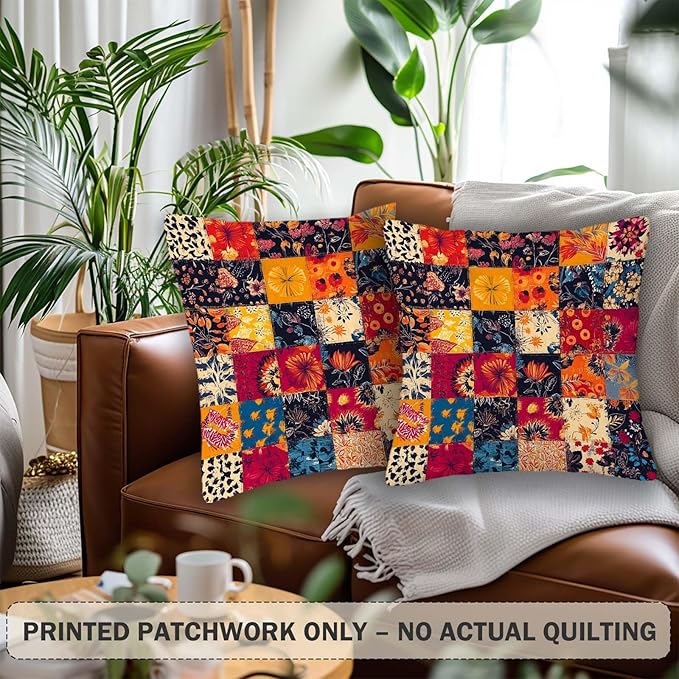 Printed Patchwork Inspired Throw Pillow Covers 18x18 Set of 2 | Floral Quilt - Image 2