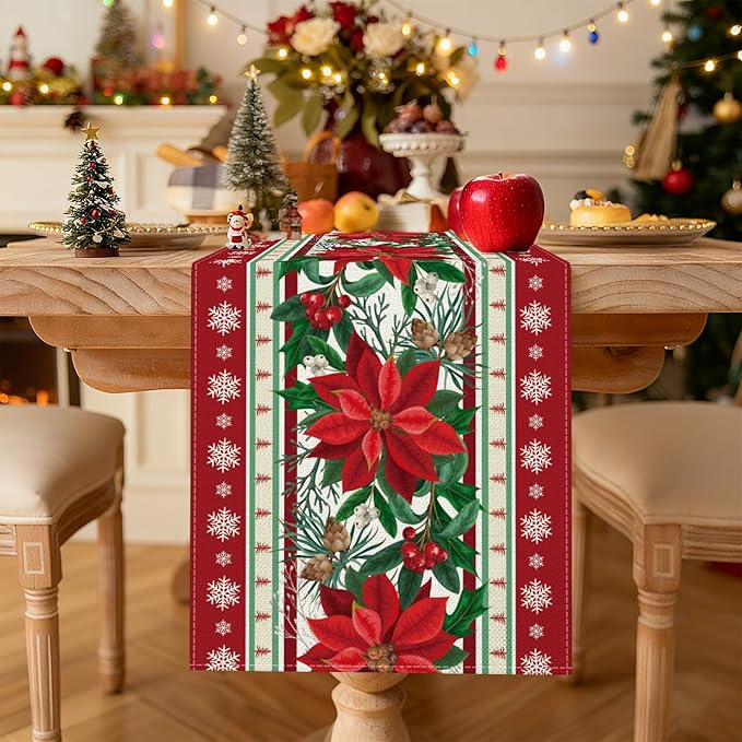 OTOSTAR Snow Holly Pinecone Christmas Red Flower Table Runner, Xmas Seasonal - Image 2