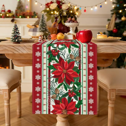 OTOSTAR Snow Holly Pinecone Christmas Red Flower Table Runner, Xmas Seasonal - Image 2