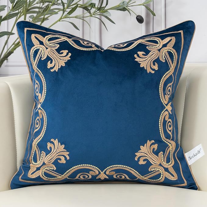 Aeckself European Floral Pillow Cover 20x20 Inch, Luxury Velvet Embroidered by AECKSELF
