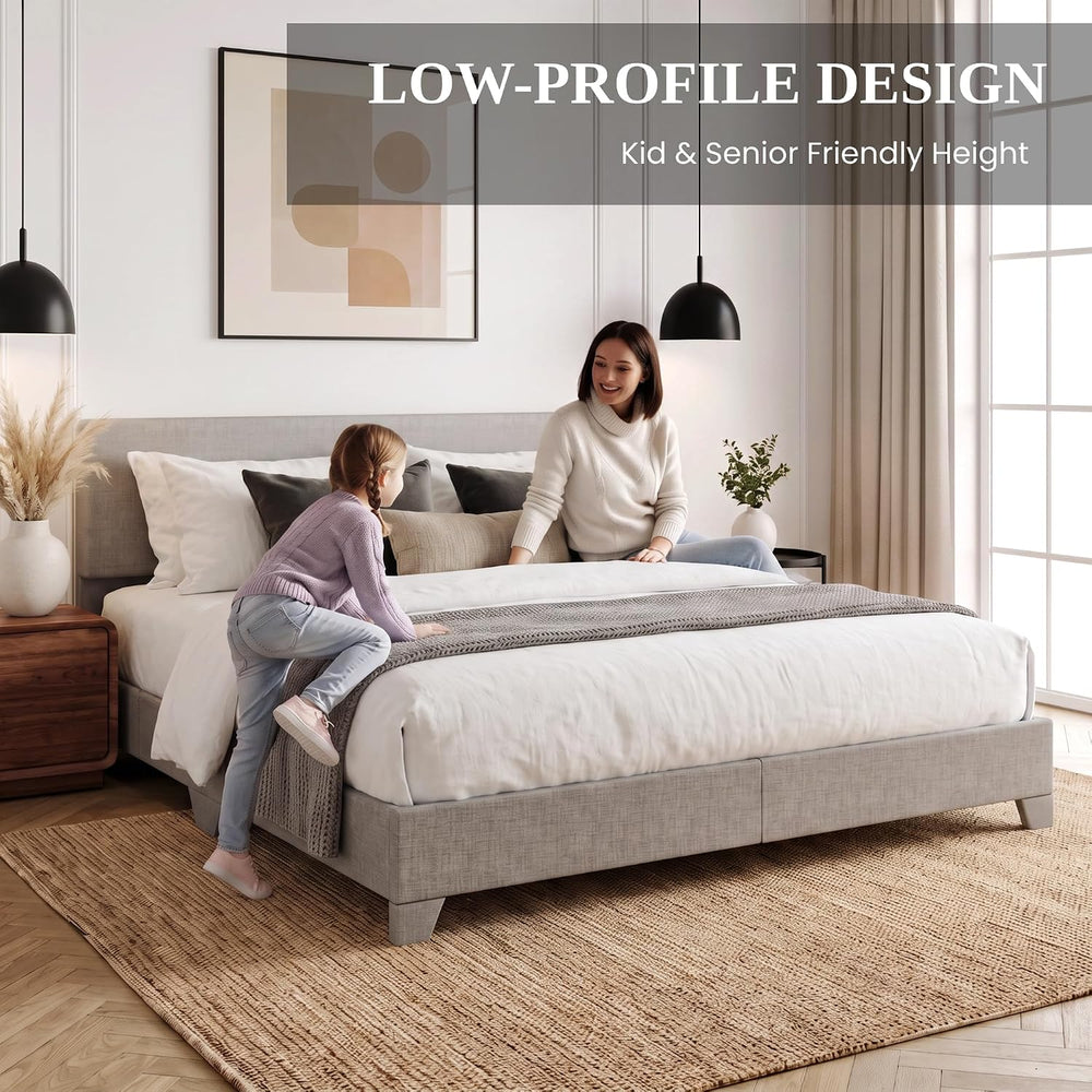 SHA CERLIN Linen Upholstered Queen Size Bed Frame with Headboard,Light Gray