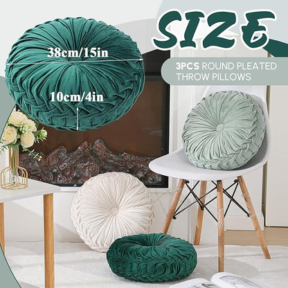 3 Pcs Round Throw Pillows Decorative Velvet Pleated Throw Pillows 15'' Diameter - Image 2