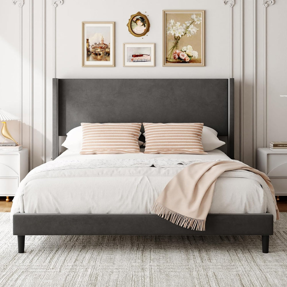 Sismplly Full Bed Frame with Wingback Headboard, Velvet Upholstered Platform ...