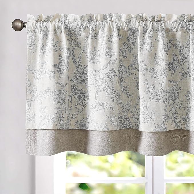 jinchan Linen Valance Curtain Farmhouse Grey Floral Printed Small Window Curtain by JINCHAN