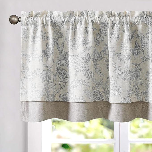 jinchan Linen Valance Curtain Farmhouse Grey Floral Printed Small Window Curtain by JINCHAN
