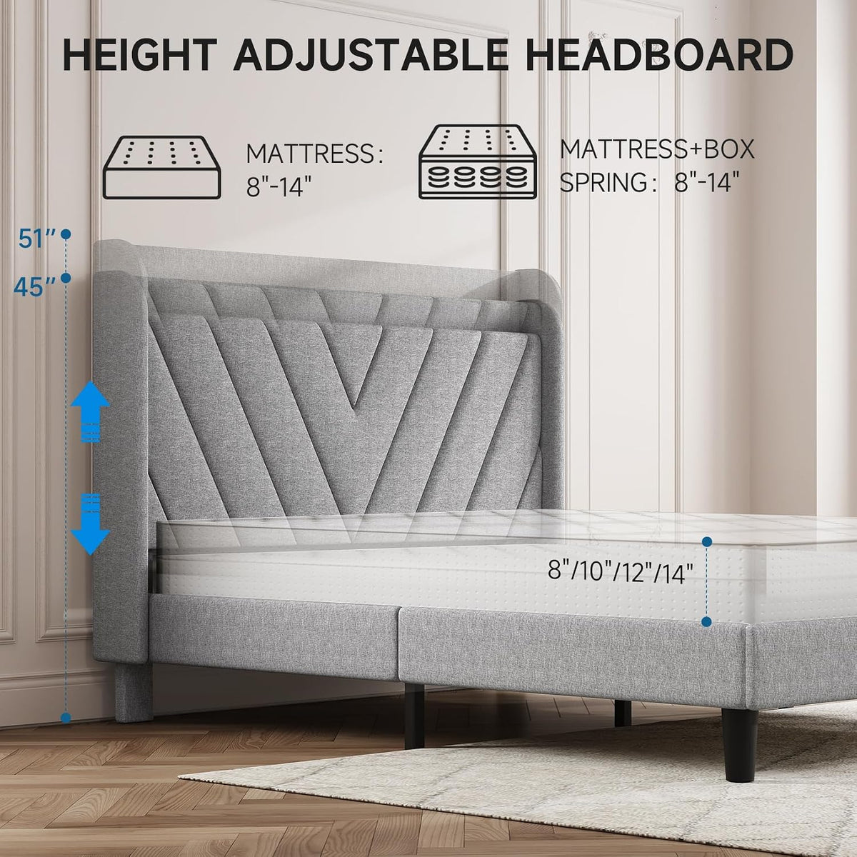 koorlian queen bed frame with headboard, adjustable upholstered, package contents
