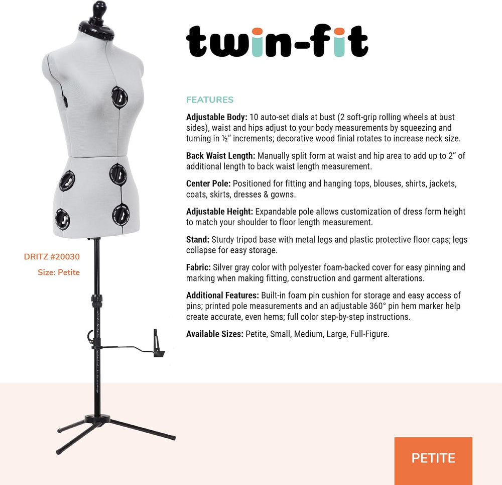 Dritz Twin-Fit Adjustable Dress Form for Sewing, Petite Sizes, US 00-4