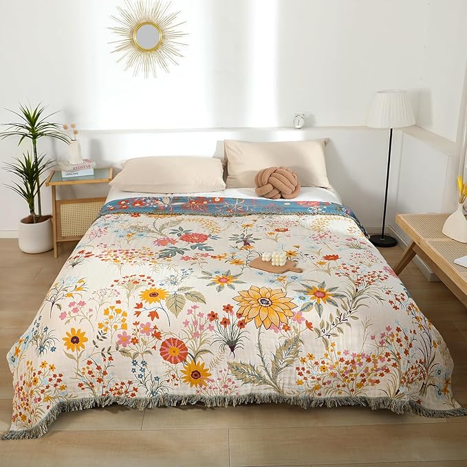 MSGKV Boho Throw Blanket for Couch Chair 100% Cotton Floral Blanket 50"x60" - Image 5