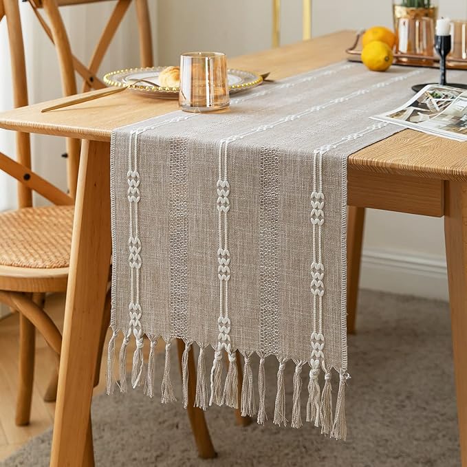 ZeeMart Farmhouse Braided Striped Table Runner, Rustic Beige Table Runners 48 by ZEEMARTONLINE