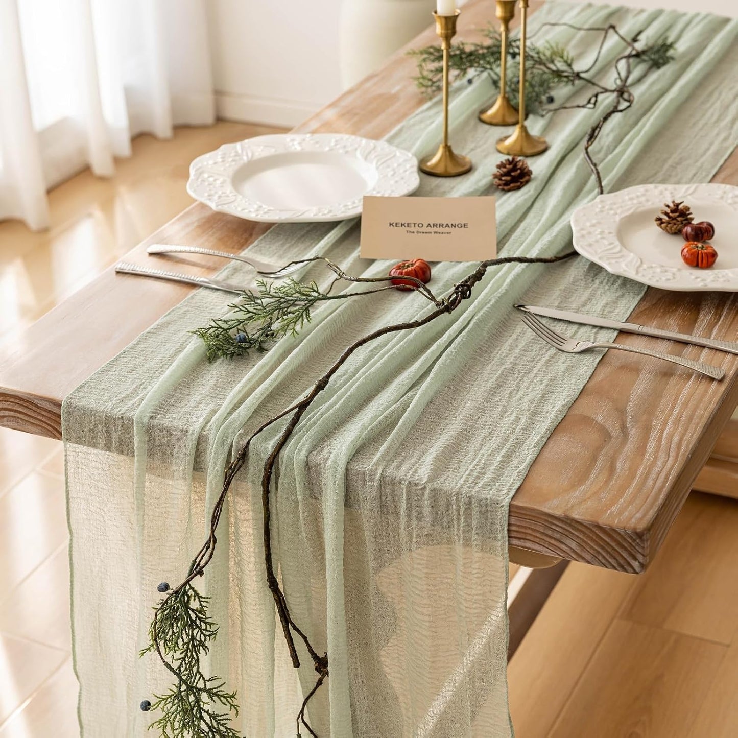 Keketoarrange Sage Green Table Runner Cheesecloth 120 Inch 10 FT Rustic Boho Cheese Cloth Table Runner for Wedding Baby Shower Bridal Shower Sheer Gauze Centerpiece Summer Boho Home Decorations