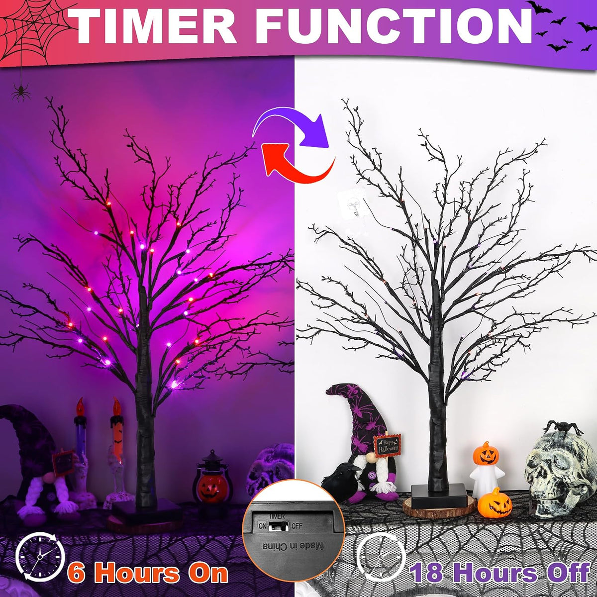 2 Pack 24 Inch Spooky Black Halloween Tree Decorations for Indoor Home Table, Halloween Lighted Tabletop Centerpiece with 24 Orange & Purple LEDs, Timer, USB or Battery Powered