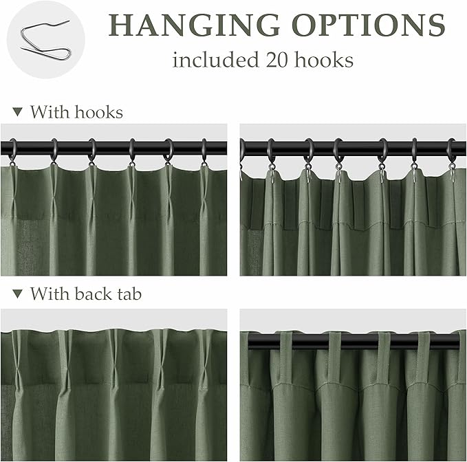 Olive Green Pinch Pleat Linen Curtains 80 Inch Length 2 Panels Set - Image 2