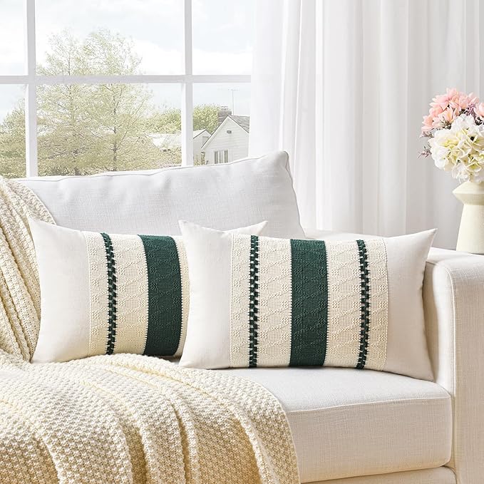 Fancy Homi Set of 2 Dark Green Boho Lumbar Decorative Throw Pillow Covers 12x20 by Fancy+Homi