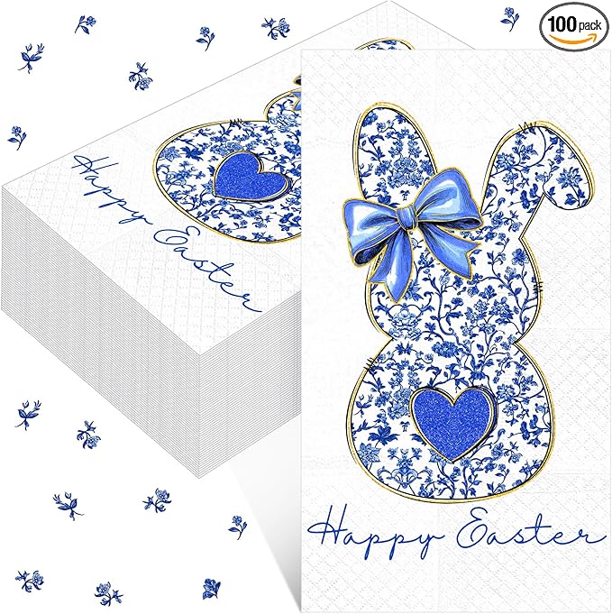 Peryiter 100 Pcs Easter Blue White Bunny Paper Napkins 13 x 15.7 Inch Retro by Peryiter