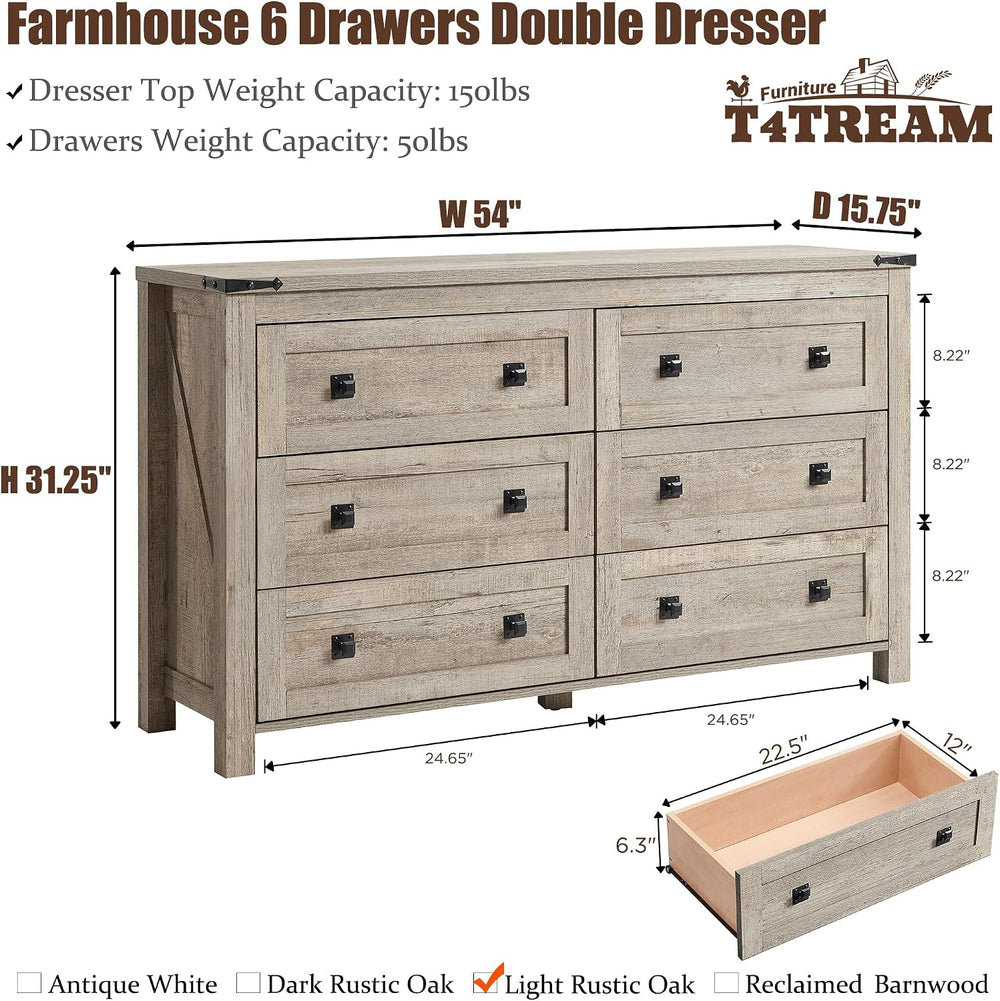 T4TREAM 54" Wide Farmhouse 6-Drawer Dresser for Bedroom, Light Rustic Oak