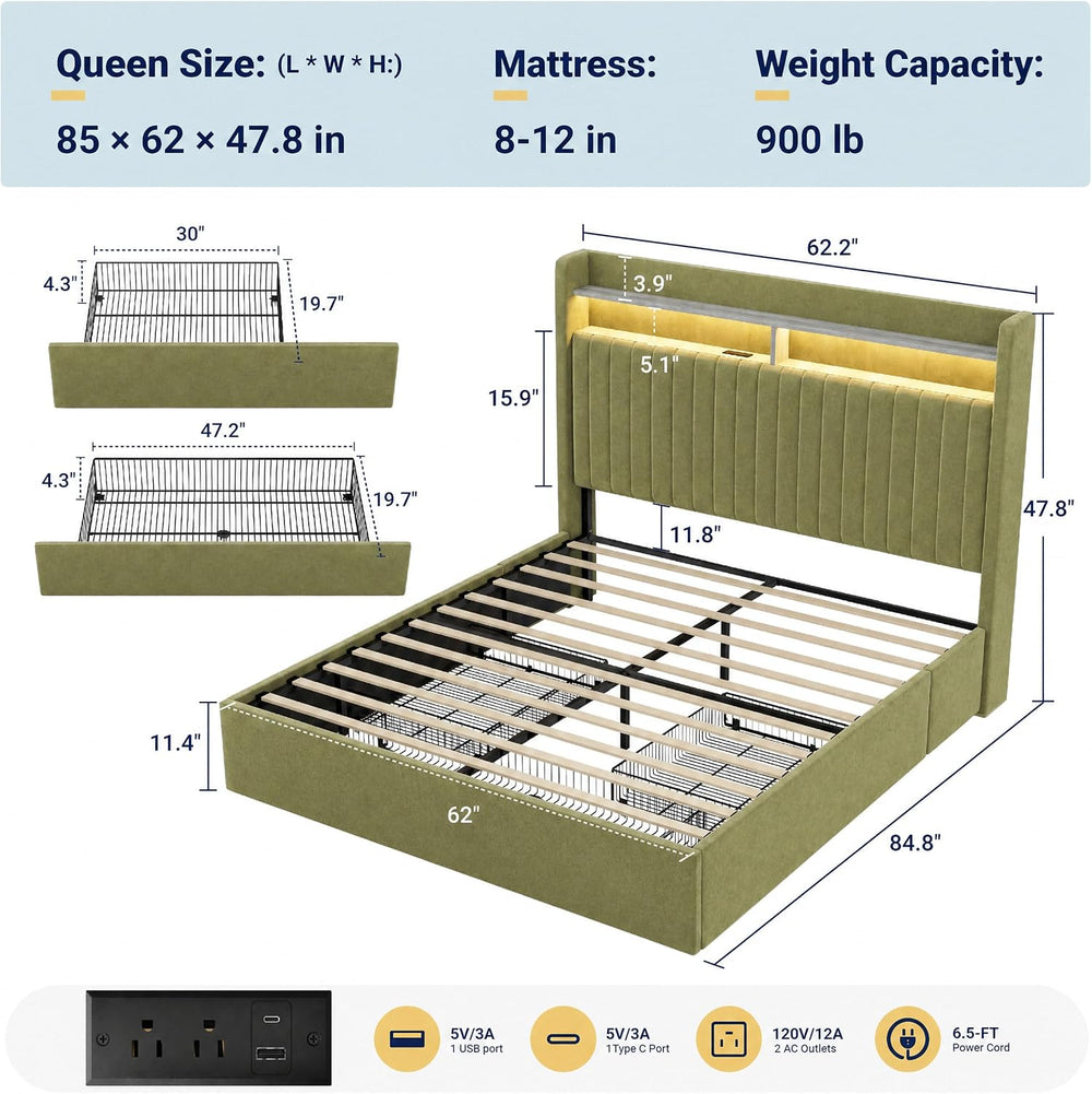 SHA CERLIN Queen Upholstered Platform Bed Frame with 3 Spacious Storage Drawe...