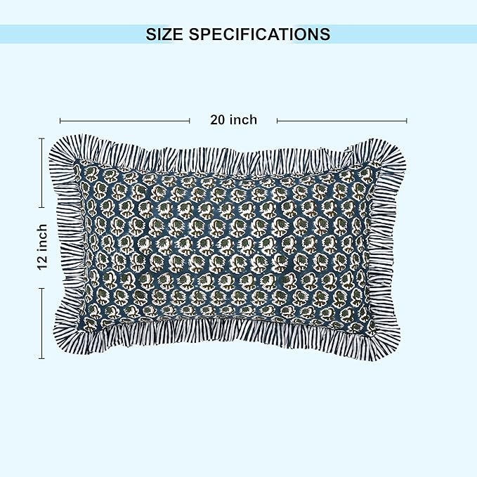 Ridhi Peacock Blue 100% Cotton Block Print Ruffle Lumbar Sham Cover Handmade - Image 5