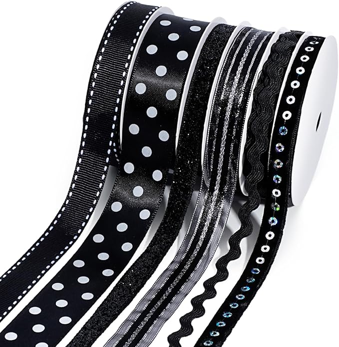 LaRibbons Black Ribbons for Crafts 6 Rolls Assorted Black Ribbons by LaRibbons