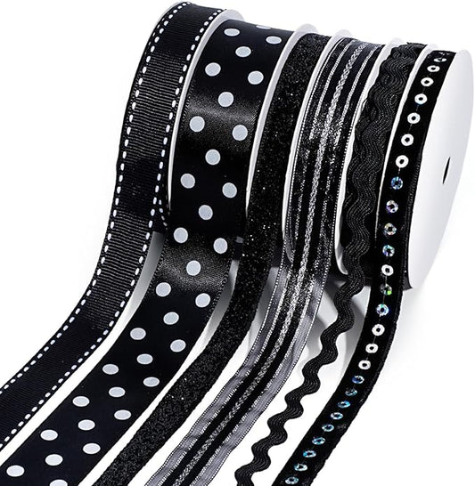 LaRibbons Black Ribbons for Crafts 6 Rolls Assorted Black Ribbons by LaRibbons
