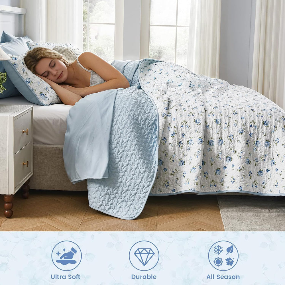 Queen/Full Size Floral Quilt Set Blue Shabby Chic Flower Bedspreads Set