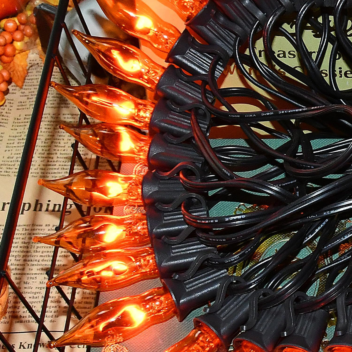 27.8Ft Orange Halloween Lights - Flickering Flame String Lights Orange Flickering String Lights with 25 +4 Pack C18 Flame Light Bulbs for Fall Halloween Decorations Indoor Outdoor Home Party Mantel