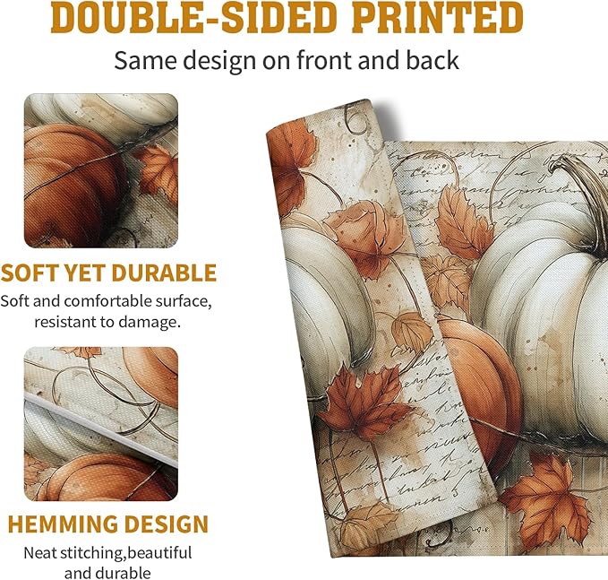 Fall Vintage Pumpkin Leaves Placemats Set of 4 Autumn Thanksgiving Harvest - Image 5