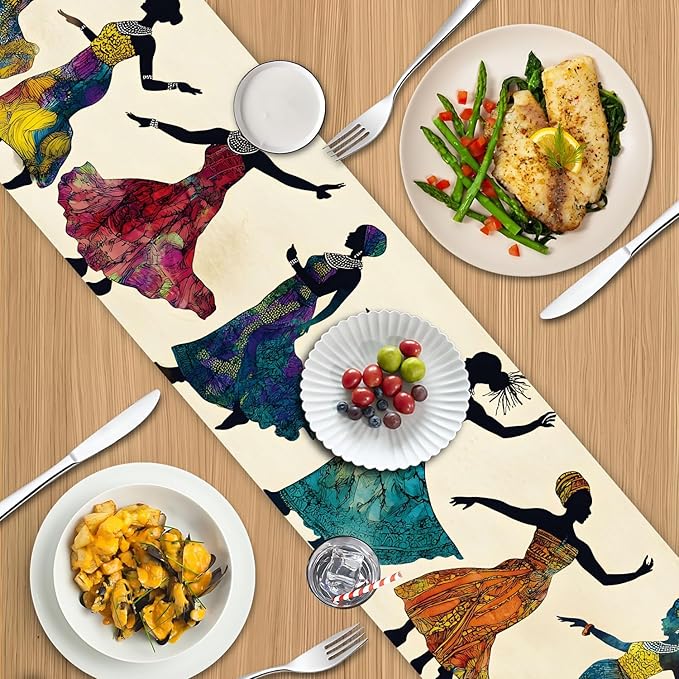 African Women Table Runner Colorful Tribal Dancing Lady Art Table Runner - Image 8