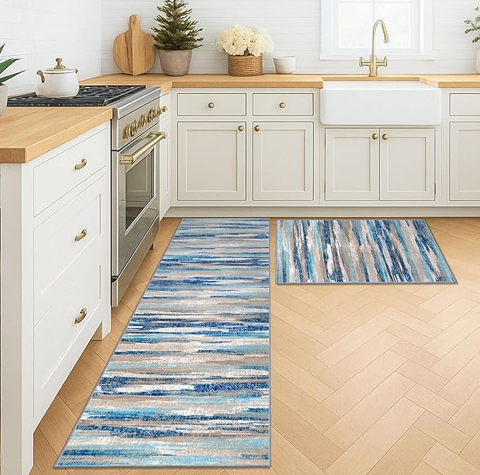 Modern Abstract Kitchen Rug Set of 2, 2x3 and 2x6 Blue Washable Rug Runner Non - Image 2