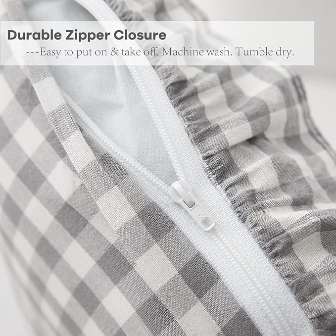 2 Pack Grey White Plaid Ruffle Gingham Lumbar Pillow Covers, 100% Washed Cotton - Image 5