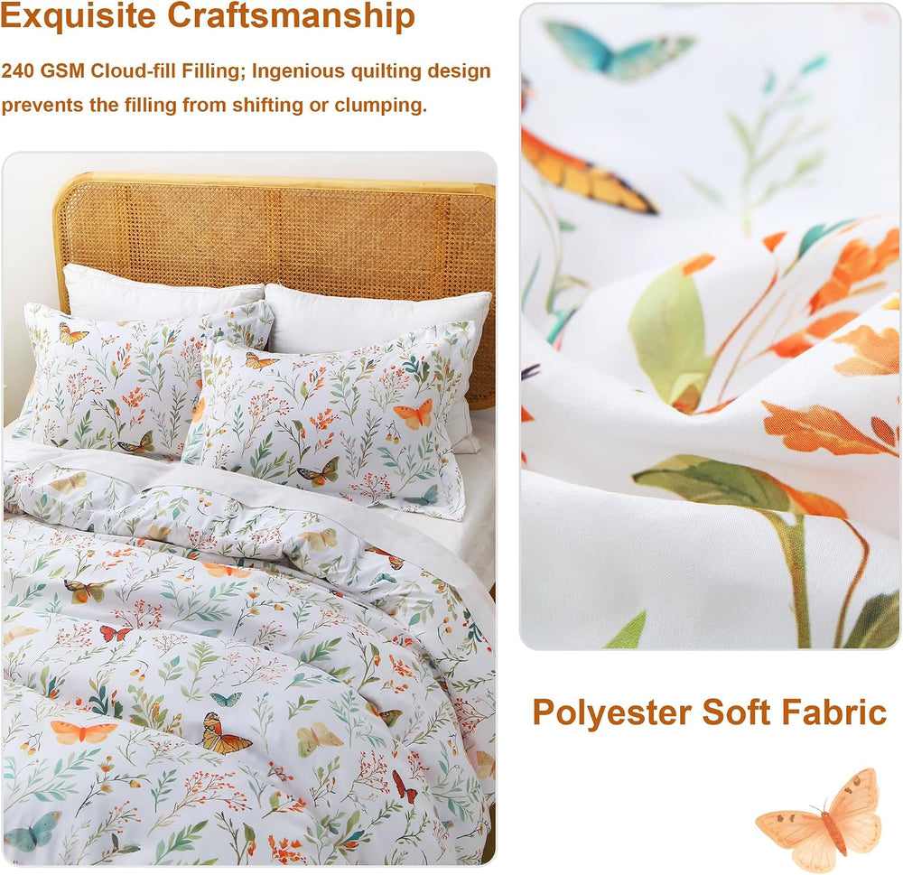 Mooreeke Floral Queen Size Comforter Sets, Butterfly and Botanical Patterned ...