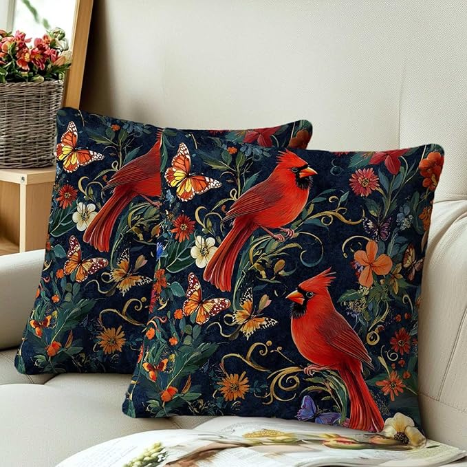 Cardinal Bird Throw Pillow Covers 18x18 Set of 2 | Red Birds Cushion Covers - Image 3