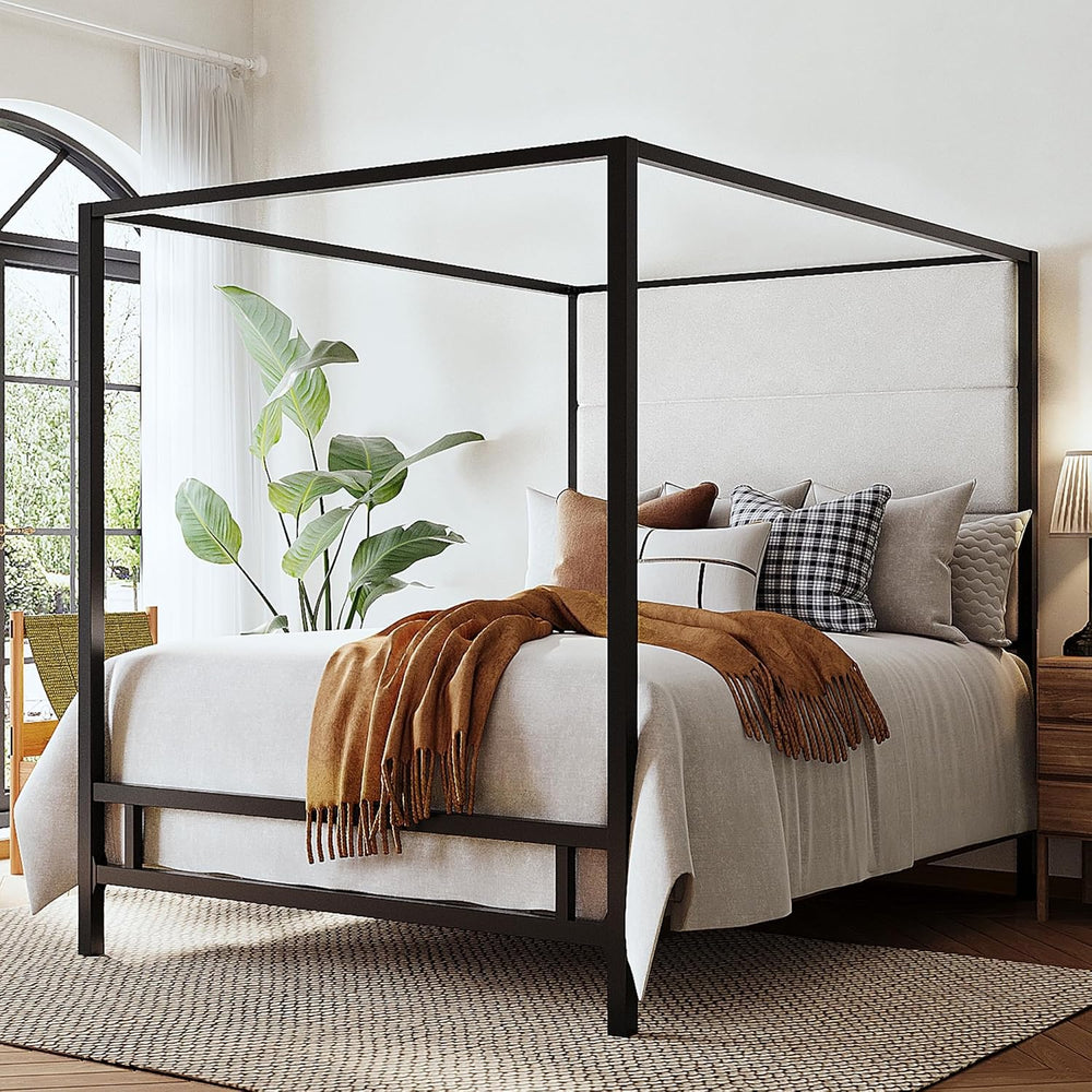 Merax Queen Size Metal Canopy Bed Frame, Modern Tall Upholstered Velvet Headb...