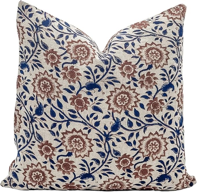 Designer Floral Print on Natural Linen Pillow Cover | Indigo Blue and Rust - Image 2
