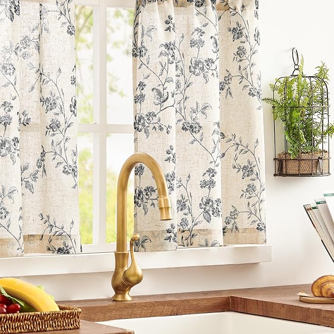 jinchan Floral Kitchen Curtains 24 Inch Linen Tier Curtains Farmhouse Cafe Half - Image 2