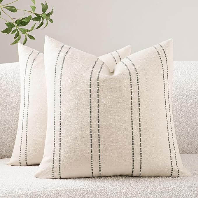 Decorative Throw Pillow Covers 20x20 Inch Set of 2 Linen Striped Accent Neutral by HOMFINER