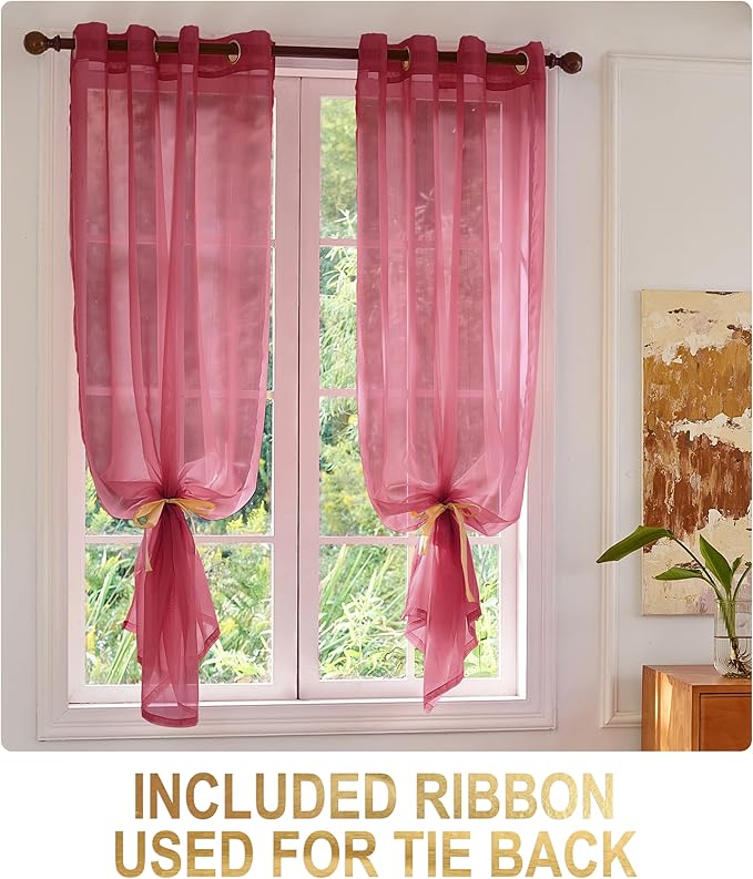 Foil Stripe Burgundy Sheer Curtains 63 inches Length 2 Panels - Image 2