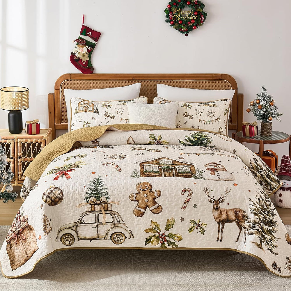Djoymock Christmas Quilt Set Queen, Reversible Holiday Bedspread