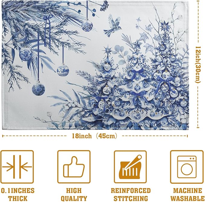 Blue and White Christmas Tree Placemats Set of 4, 12x18 Inch Chinoiserie Xmas - Image 4