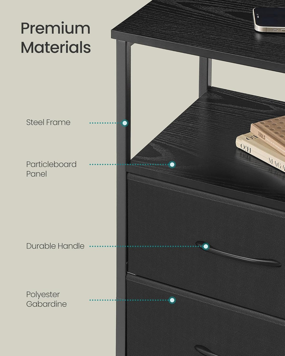 SONGMICS Nightstand with Charging Station, 3 Fabric Drawers