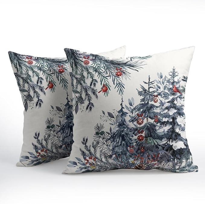 Christmas Tree Throw Pillow Covers 24x24 Inch Set of 2 Winter Watercolor Blue - Image 2