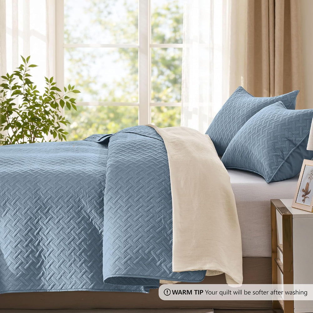 FLYMME Quilts King Size,Lightweight Dusty Blue Bedspreads,Basket Weave Patter...
