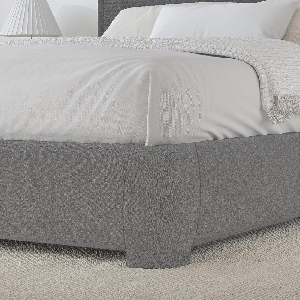 Full Bed Frame, Cloud Boucle Headboard, Low Profile, Light Grey