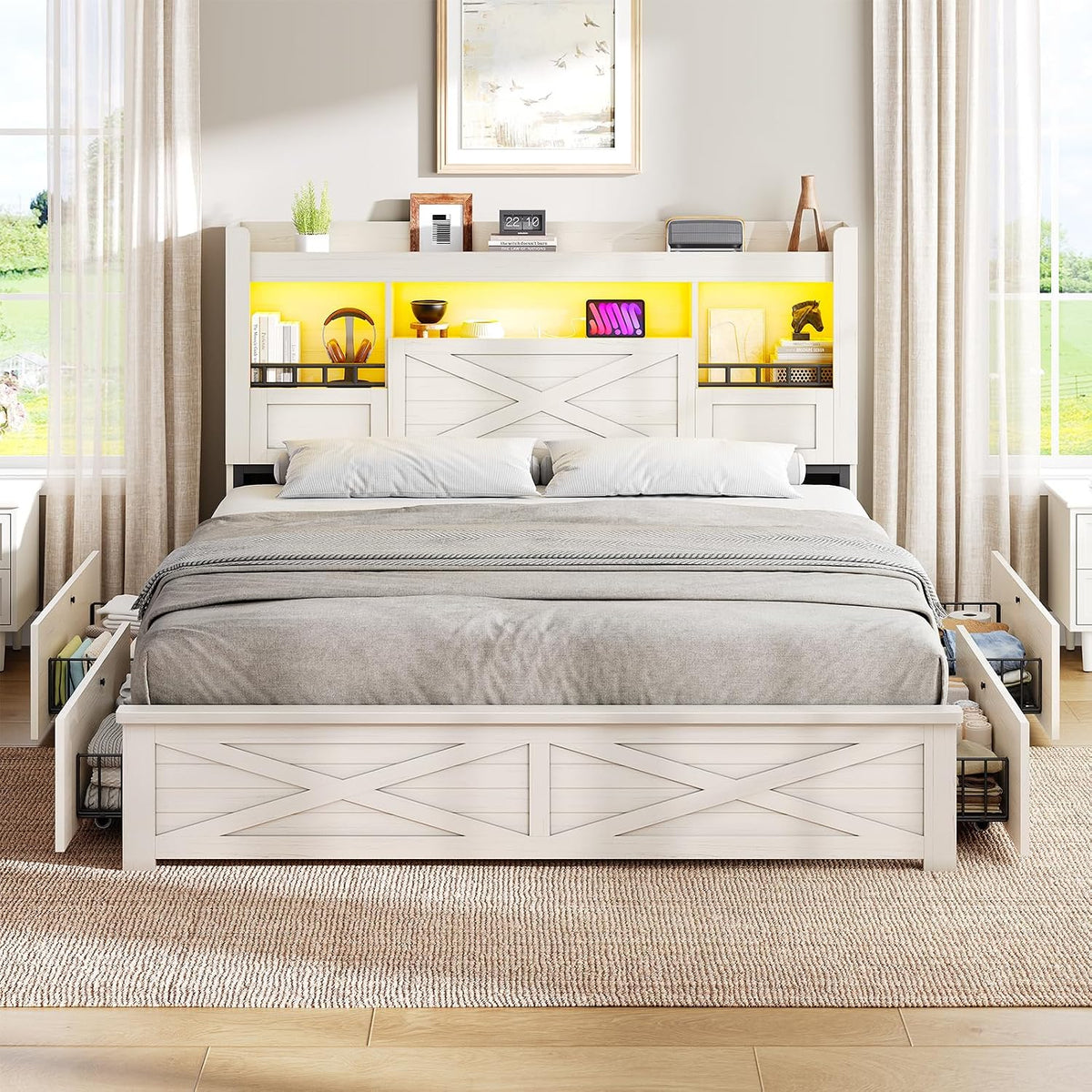 viagdo farmhouse queen bed frame with flip-down bookcase on a desk or shelf
