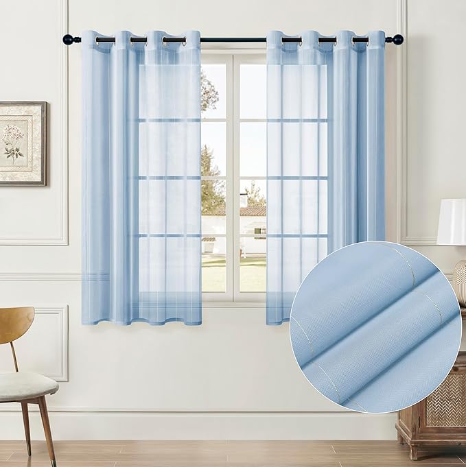 Foil Stripe Blue Sheer Curtains 63 inches Length 2 Panels by MISSTIAM