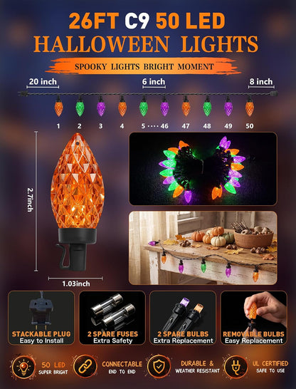 26FT C9 Halloween String Lights, 50 LED Orange Green Purple Diamond Lights