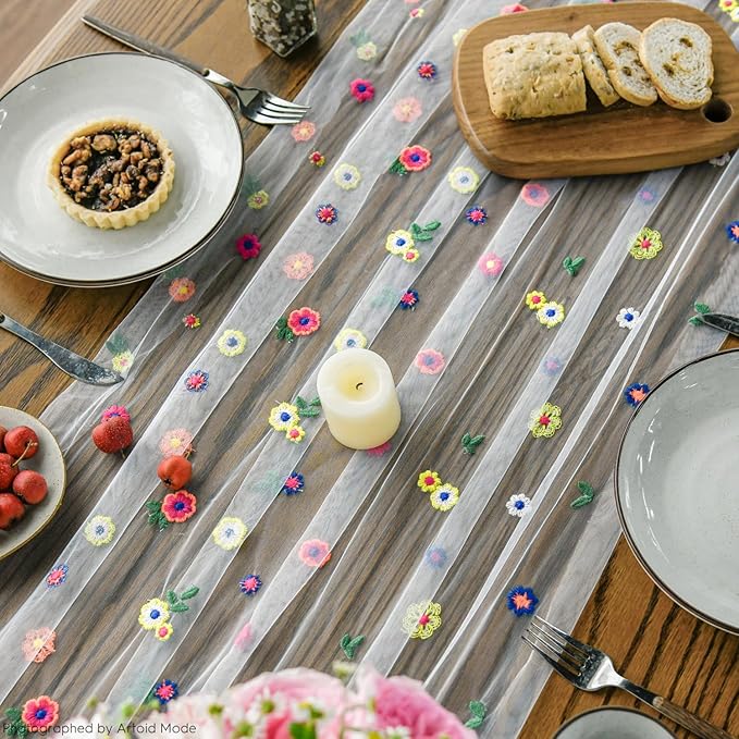 Artoid Mode Embroidery Daisy Spring Gauze Table Runner 59x120 Inch 10FT - Image 5